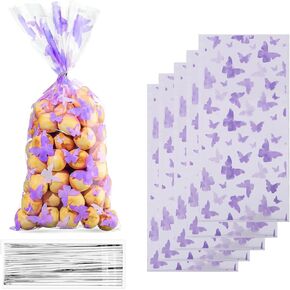 RS 50PCS Butterflies Cellophane Goody Bags Plastic Butterfly Candy Bag Butterfly Treat Bags with 50PCS Twist Ties for Butterfly Theme Baby Shower Birthday Party