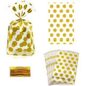 SaktopDeco 100 PCS Gold Polka Dot Clear Cello Candy Bags Cellophane Bags Gold Gift Bags 5 x 8 Clear Cellophane Treat Bags With Gold Twist Ties