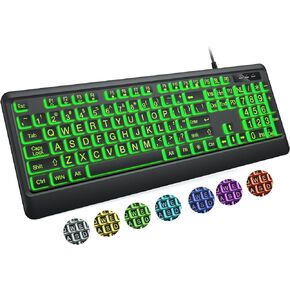 KOPJIPPOM Large Print Keyboard - 7 Interchangeable Backlight Colors, Light Up USB Wired Computer Keyboards, USB Plug-and-Play, Foldable Stands, Corded Full Size Keyboard for Windows, PC, Laptop