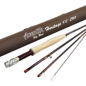 Aventik Heritage Fly Fishing Rod - American Quality and Simplicity - 4 Pieces 9FT IM8 Carbon Blank Classic Forgiving Medium Fast Action Fly Rod with Burgundy Finish and Premier Portuguese Cork Handle (4/5/6/7/8wt)
