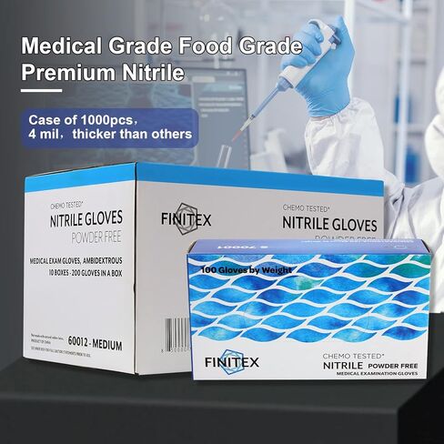 قفازات FINITEX Nitrile للفحص الطبي للاستعمال مرة واحدة، 4 مل خالية من المسحوق، خالية من اللاتكس، 1000 قطعة، قفازات تنظيف المنزل للطعام in Kuwait