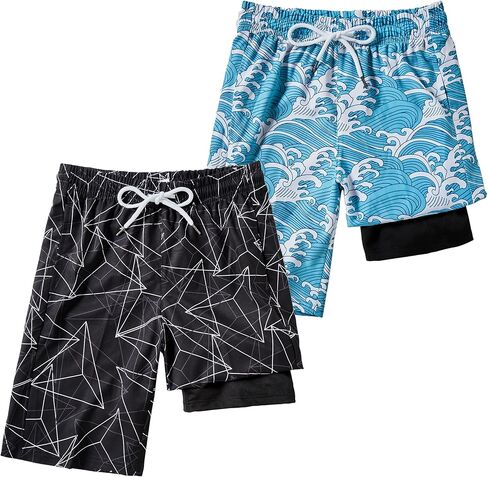 IRELIA 2 Pack Boys 2 in 1 Swim Trunks Boxer Brief Liner Compression Swimming Shorts Quick Dry Swimwear in Saudi Arabia