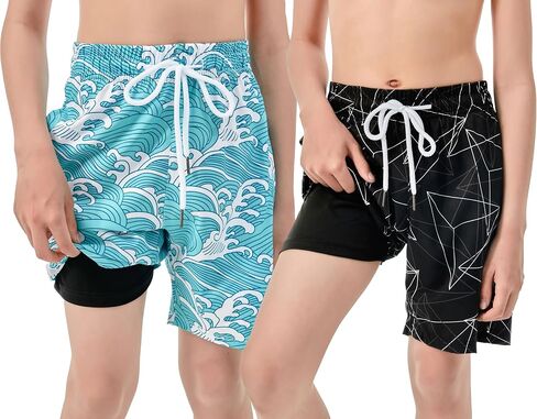 IRELIA 2 Pack Boys 2 in 1 Swim Trunks Boxer Brief Liner Compression Swimming Shorts Quick Dry Swimwear in Saudi Arabia