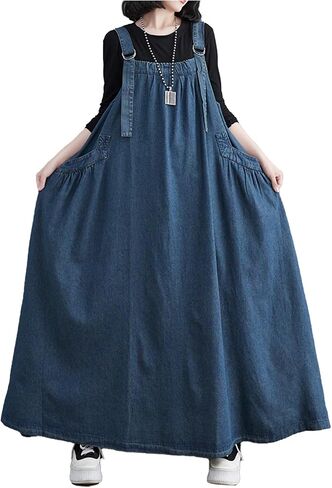 Denim Jumper Dress with Deep Pockets Maxi Length Loose Version Baggy Style Adjustable Straps Overall Dress in Saudi Arabia