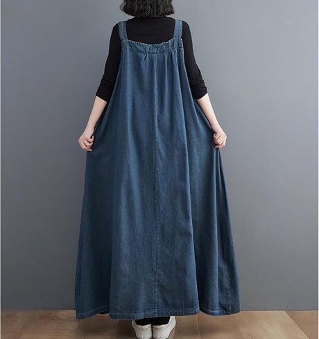 Denim Jumper Dress with Deep Pockets Maxi Length Loose Version Baggy Style Adjustable Straps Overall Dress in Saudi Arabia