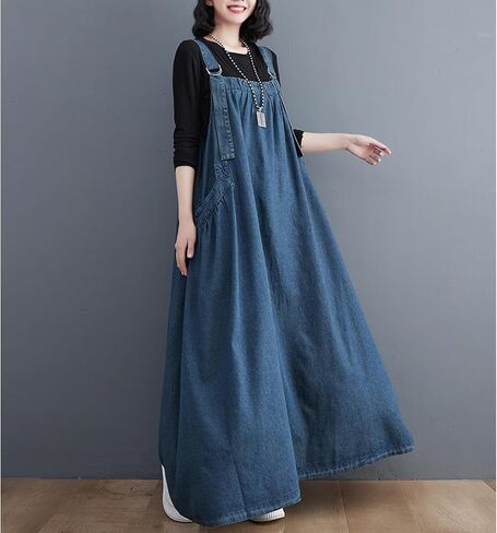 Denim Jumper Dress with Deep Pockets Maxi Length Loose Version Baggy Style Adjustable Straps Overall Dress in Saudi Arabia