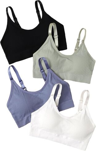 OYOANGLE Women's 4 Pieces Ribbed Knit Spaghetti Strap Sports Bra Longline Medium Support Yoga Bras Padded Camisole Top in Saudi Arabia
