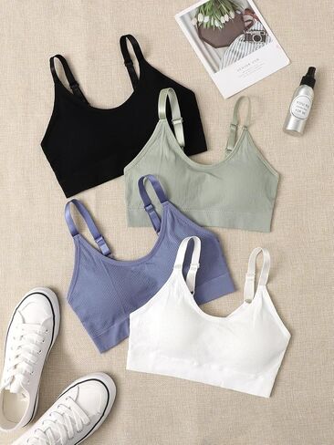 OYOANGLE Women's 4 Pieces Ribbed Knit Spaghetti Strap Sports Bra Longline Medium Support Yoga Bras Padded Camisole Top in Saudi Arabia