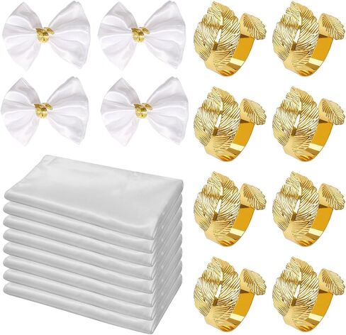 16-Pack Gold Napkin Rings and Satin Napkins 8-Piece Set, Smooth Fabric Napkins and Napkin Holders for Wedding Reception Personalized Napkins Bride's Wedding Banquet Napkins (White, 17 x 17 inches) in Saudi Arabia