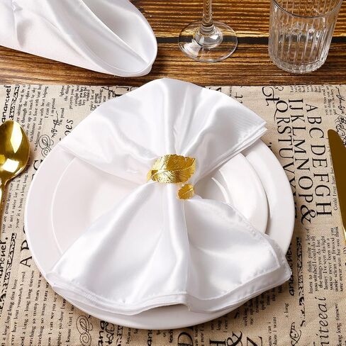 16-Pack Gold Napkin Rings and Satin Napkins 8-Piece Set, Smooth Fabric Napkins and Napkin Holders for Wedding Reception Personalized Napkins Bride's Wedding Banquet Napkins (White, 17 x 17 inches) in Saudi Arabia