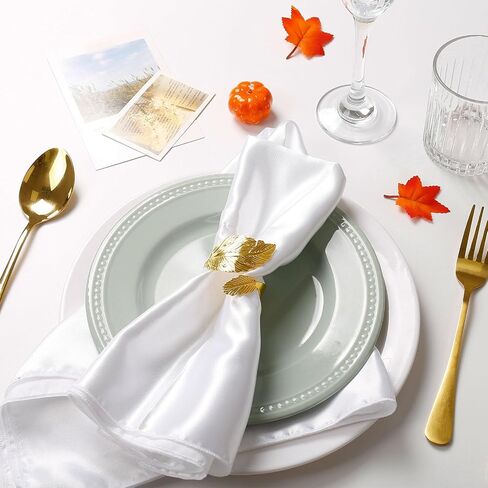 16-Pack Gold Napkin Rings and Satin Napkins 8-Piece Set, Smooth Fabric Napkins and Napkin Holders for Wedding Reception Personalized Napkins Bride's Wedding Banquet Napkins (White, 17 x 17 inches) in Saudi Arabia