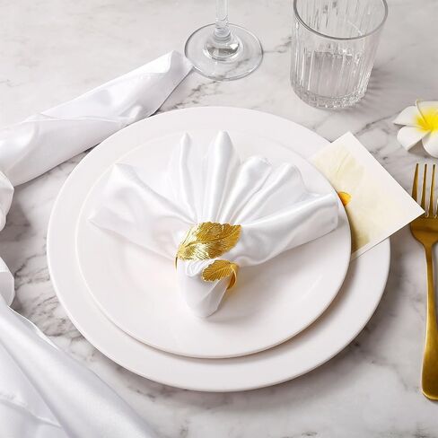 16-Pack Gold Napkin Rings and Satin Napkins 8-Piece Set, Smooth Fabric Napkins and Napkin Holders for Wedding Reception Personalized Napkins Bride's Wedding Banquet Napkins (White, 17 x 17 inches) in Saudi Arabia