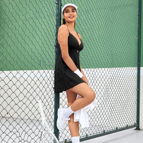 IFFEI Women's Spaghetti Straps Tennis Dress with Shorts and Pocket Open Back Lace Up Athletic Workout Dresses in Saudi Arabia