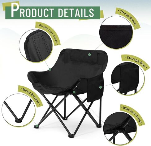 2 Pack Folding Camping Chairs Portable, Black, Solid Color in Saudi Arabia