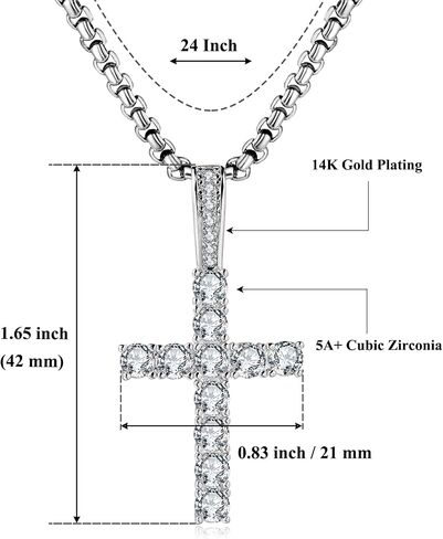 Double Fair Silver Cross Chain for Men Iced Out 5A+ Cubic Zirconia Diamond Cross Pendant Necklace for Boy Stainless Steel Box Chains 18丨20丨24 Inch Simple Jewelry Gifts in Saudi Arabia