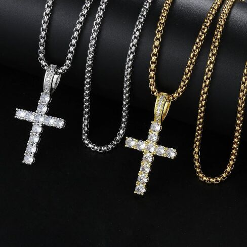 Double Fair Silver Cross Chain for Men Iced Out 5A+ Cubic Zirconia Diamond Cross Pendant Necklace for Boy Stainless Steel Box Chains 18丨20丨24 Inch Simple Jewelry Gifts in Saudi Arabia