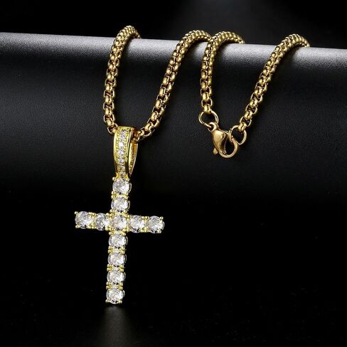 Double Fair Silver Cross Chain for Men Iced Out 5A+ Cubic Zirconia Diamond Cross Pendant Necklace for Boy Stainless Steel Box Chains 18丨20丨24 Inch Simple Jewelry Gifts in Saudi Arabia