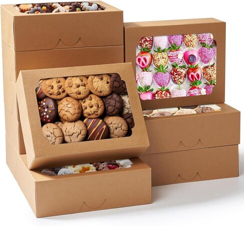 علب ملفات تعريف الارتباط Happyhiram مقاس 8 بوصات، صناديق حلوى المخبوزات المنبثقة مع نافذة، صندوق معجنات الحلوى بني لتقديم الهدايا، ملفات تعريف الارتباط، الفراولة المغطاة بالشوكولاتة، الحلوى، الفحم والدونات، 9 قطع in Kuwait