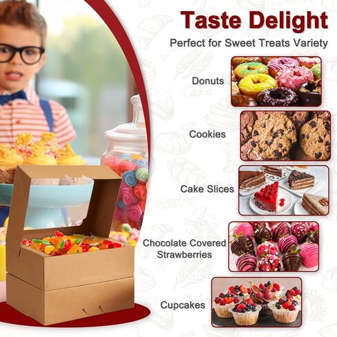 علب ملفات تعريف الارتباط Happyhiram مقاس 8 بوصات، صناديق حلوى المخبوزات المنبثقة مع نافذة، صندوق معجنات الحلوى بني لتقديم الهدايا، ملفات تعريف الارتباط، الفراولة المغطاة بالشوكولاتة، الحلوى، الفحم والدونات، 9 قطع in Kuwait