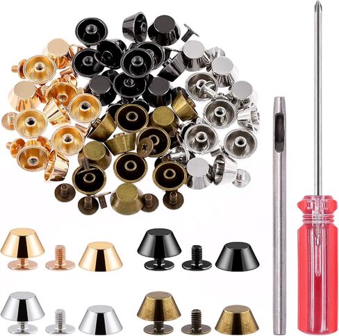 Glarks 42 Sets 10x5mm Silver/Gold/Gun-Black/Antique Bronze Metal Flat Head Cap Barrel Rivets Screw Back Spikes Studs Assortment Kit with Screwdriver and Hole Punch for Punk Leather Purse Bag Craft in Saudi Arabia