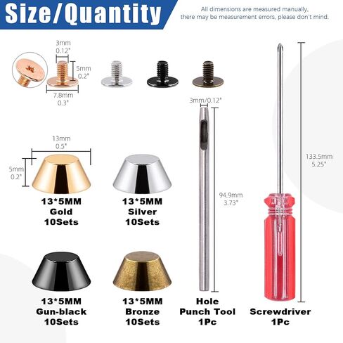 Glarks 42 Sets 10x5mm Silver/Gold/Gun-Black/Antique Bronze Metal Flat Head Cap Barrel Rivets Screw Back Spikes Studs Assortment Kit with Screwdriver and Hole Punch for Punk Leather Purse Bag Craft in Saudi Arabia