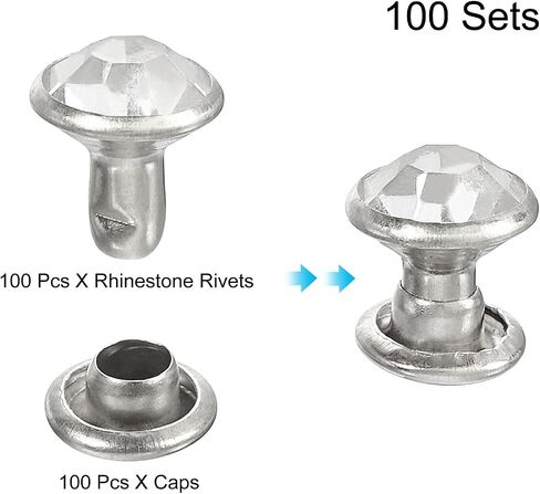 uxcell 100Pcs Silver Rhinestone Rivets, 7mm/0.28" Leathercraft Rivets Crystal Rivets Metal Double Cap Rhinestone Stud Rivets Stud for DIY Leather Craft Making Purse Clothing Shoes Belt in Saudi Arabia