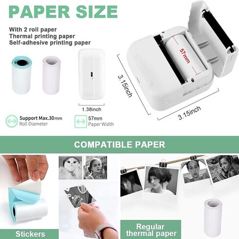 TVAIGER Mini Printer Portable, Inkless Sticker Printer with 6 Rolls Printing Paper, Bluetooth Thermal Pocket Printer for Receipt, Memo, Notes, DIY Scrapbook, Photo Printer (Green) in Saudi Arabia