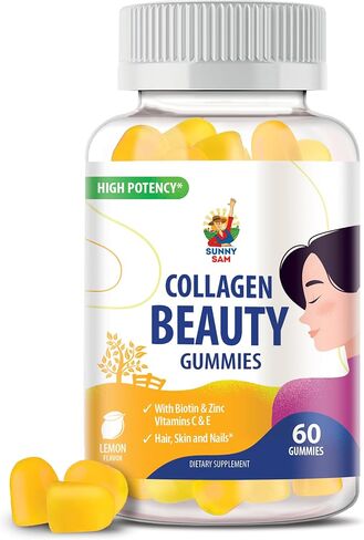 SUNNY SAM Beauty Collagen Gummies for Women & Men - 60 Chewable Vitamins, 30-Day Supply - Enhanced Hair Skin and Nails Gummies - 2500mcg Biotin, Vitamin A, Zinc Supplement - Natural Berry Flavor in Saudi Arabia