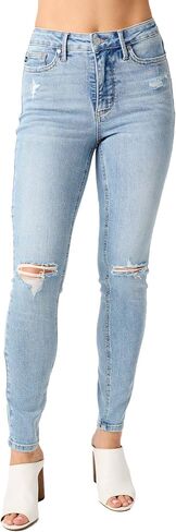 Judy Blue Women's Mid Rise Tummy Control Destroy Skinny Jeans in Saudi Arabia