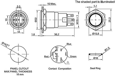 19 ملم ثلاثي الألوان (RGB) حلقة 12 فولت LED مضيئة، مفتاح ضغط من الفولاذ المقاوم للصدأ in Kuwait