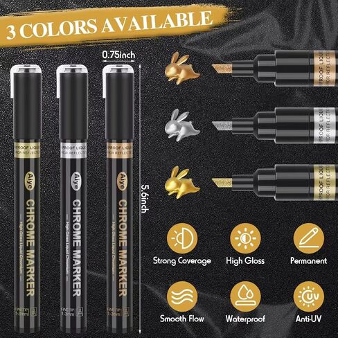 Liquid Mirror Chrome Markers - 3 Colors Permanent High Gloss Waterproof Pens for Metal Model, Repairing, Resin Supplies, Plastic Painting or DIY Art Projects (Round Tip 2-3mm) in Saudi Arabia
