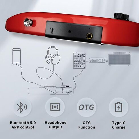 جيتار كهربائي ذكي من FLAMMA مع تطبيق يعمل بالبطارية الكل في واحد، تشغيل لاسلكي، تشغيل بلوتوث، وظيفة OTG، مخرج سماعة رأس للتمرين الصامت، حفلات بث الأداء المباشر (أحمر) in Kuwait