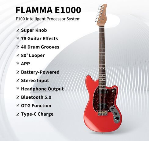 جيتار كهربائي ذكي من FLAMMA مع تطبيق يعمل بالبطارية الكل في واحد، تشغيل لاسلكي، تشغيل بلوتوث، وظيفة OTG، مخرج سماعة رأس للتمرين الصامت، حفلات بث الأداء المباشر (أحمر) in Kuwait