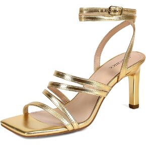 Gold Strappy Heels for Women Square Toe Ankle Strap Metallic Heeled Sandals | Elegant strappy high heel sandals and comfortable fit, perfect for weddings, parties, dates and formal occasions. in Kuwait