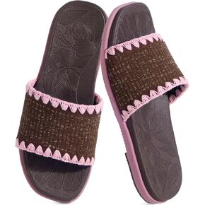 ONCAI Women’s Flat Slides Sandals Size 9 Soft Knitted with Golden Thread Inlay Trendy Dressy Summer Beach Vacation Essentials Walking Brown/Pink Sandalias Mujer with Cute Outdoor Rubber Soles in Saudi Arabia