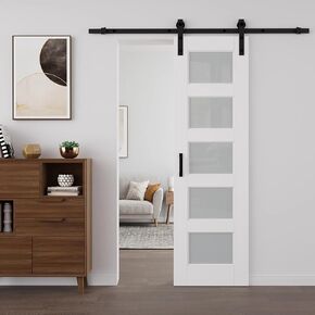 5-Lite Frosted Glass Barn Door, 32" x 80", White | 80'' Height, 5-Lites Glass, White Sliding Barn Door With Installation Hardware Kit & Soft Close in Saudi Arabia