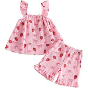 LYSINK Toddler Baby Girls Summer Clothes Strawberry Bow Print Flying Sleeve Tops with Ruffle Shorts 2Pcs Set Cute Outfit in Saudi Arabia
