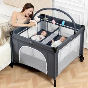 Twin Bassinet with Hanging Toys & Storage Basket, Grey | 3 in 1 Twin Bassinets for 2 Babies, Portable Pack and Play Foldable Bedside Sleeper with Carry Bag in Saudi Arabia