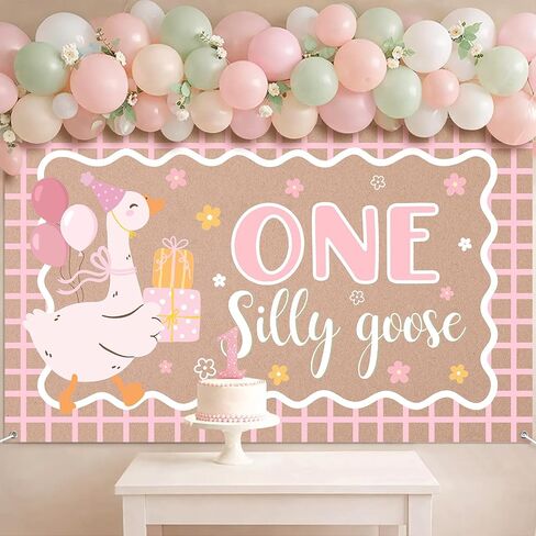 One Silly Goose 1st Birthday Backdrop, 6.1 x 3.6 ft Pink | One Silly Goose Polyester Banner for Cake Smash, Baby Shower, Nursery Decor, Large Silly Goose Birthday Party Supplies in Kuwait