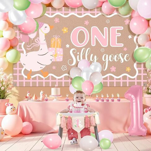 One Silly Goose 1st Birthday Backdrop, 6.1 x 3.6 ft Pink | One Silly Goose Polyester Banner for Cake Smash, Baby Shower, Nursery Decor, Large Silly Goose Birthday Party Supplies in Kuwait