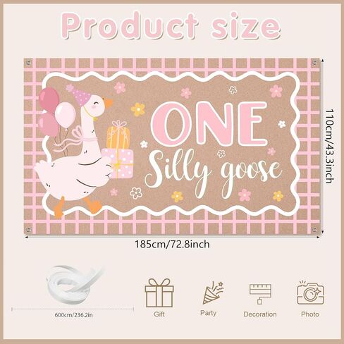 One Silly Goose 1st Birthday Backdrop, 6.1 x 3.6 ft Pink | One Silly Goose Polyester Banner for Cake Smash, Baby Shower, Nursery Decor, Large Silly Goose Birthday Party Supplies in Kuwait