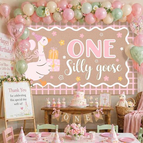 One Silly Goose 1st Birthday Backdrop, 6.1 x 3.6 ft Pink | One Silly Goose Polyester Banner for Cake Smash, Baby Shower, Nursery Decor, Large Silly Goose Birthday Party Supplies in Kuwait