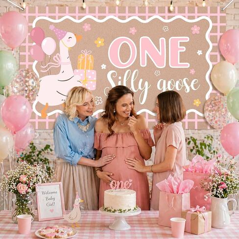 One Silly Goose 1st Birthday Backdrop, 6.1 x 3.6 ft Pink | One Silly Goose Polyester Banner for Cake Smash, Baby Shower, Nursery Decor, Large Silly Goose Birthday Party Supplies in Kuwait