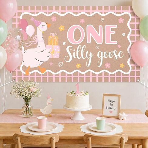 One Silly Goose 1st Birthday Backdrop, 6.1 x 3.6 ft Pink | One Silly Goose Polyester Banner for Cake Smash, Baby Shower, Nursery Decor, Large Silly Goose Birthday Party Supplies in Kuwait