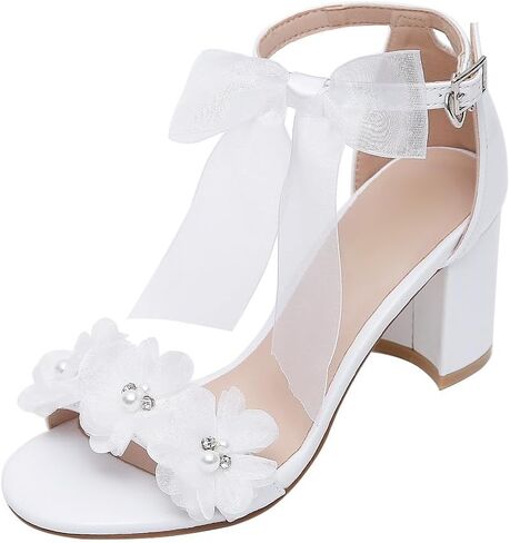 Women's White Wedding Sandals, Block Heel, Floral Embellishments, Ankle Strap, Pearl Details in Saudi Arabia