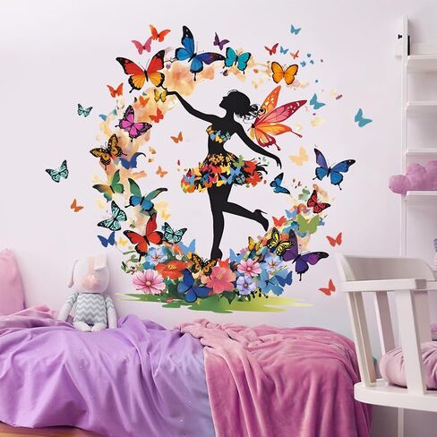 Butterfly Girl Wall Stickers Colorful Butterflies Wall Decals Fairy Flower Peel and Stick Wall Art Decals for Girls Bedroom Baby Nursery in Saudi Arabia