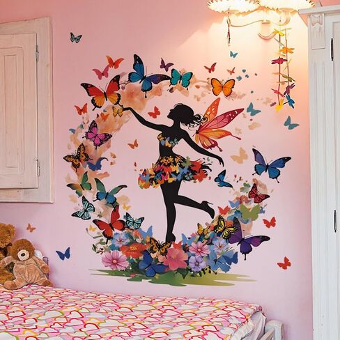 Butterfly Girl Wall Stickers Colorful Butterflies Wall Decals Fairy Flower Peel and Stick Wall Art Decals for Girls Bedroom Baby Nursery in Saudi Arabia