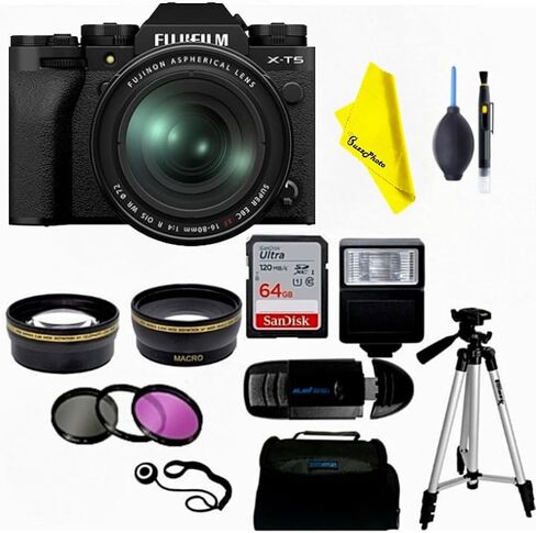 مجموعة عدسات وكاميرا رقمية بدون مرآة X-T5 من فوجي فيلم (مع XF16-80MM + مجموعة ملحقات BuzzPhoto Pro، أسود) in Kuwait