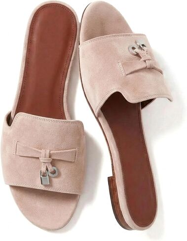 Suede Flat Sandals for Women Slip On Open Toe Backless Mule Sandals | Elegant Almond Open Toe Slide Sandals with Metal Decor Comfortable Dressy Sandals Casual Daily Shoes in Kuwait