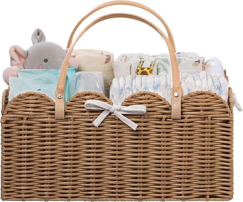 HBlife Baby Diaper Caddy Organizer, Large Portable Scalloped Plastic Wicker Woven Basket with Divider, Nursery Diaper Station, Baby Shower Gifts Basket, Car Organizer, Washable Waterproof in Saudi Arabia